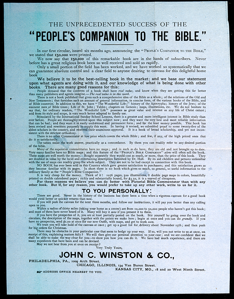 a broadside advertisement for People's Companion to the Bible, seeking agents (on blue paper)