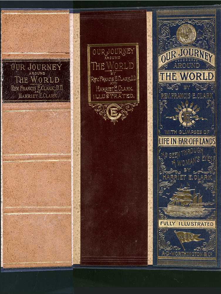 3 different spines for the same bok, one fabric and embossed, one leather and smooth, one engraved with the depiction of a ship