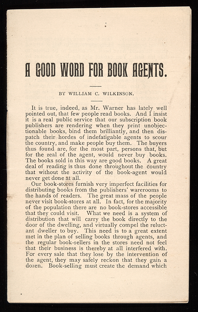 pamphlet entitled A Good Word for Book Agents," by William C. Wilkinson, text only
