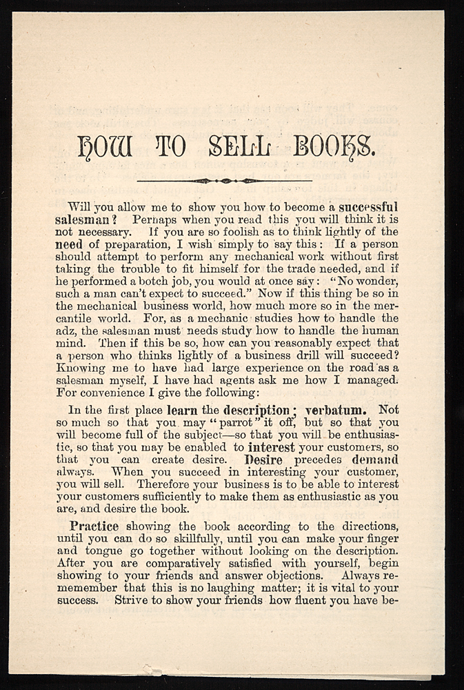 "How to Sell Books." Pamphlet, all text