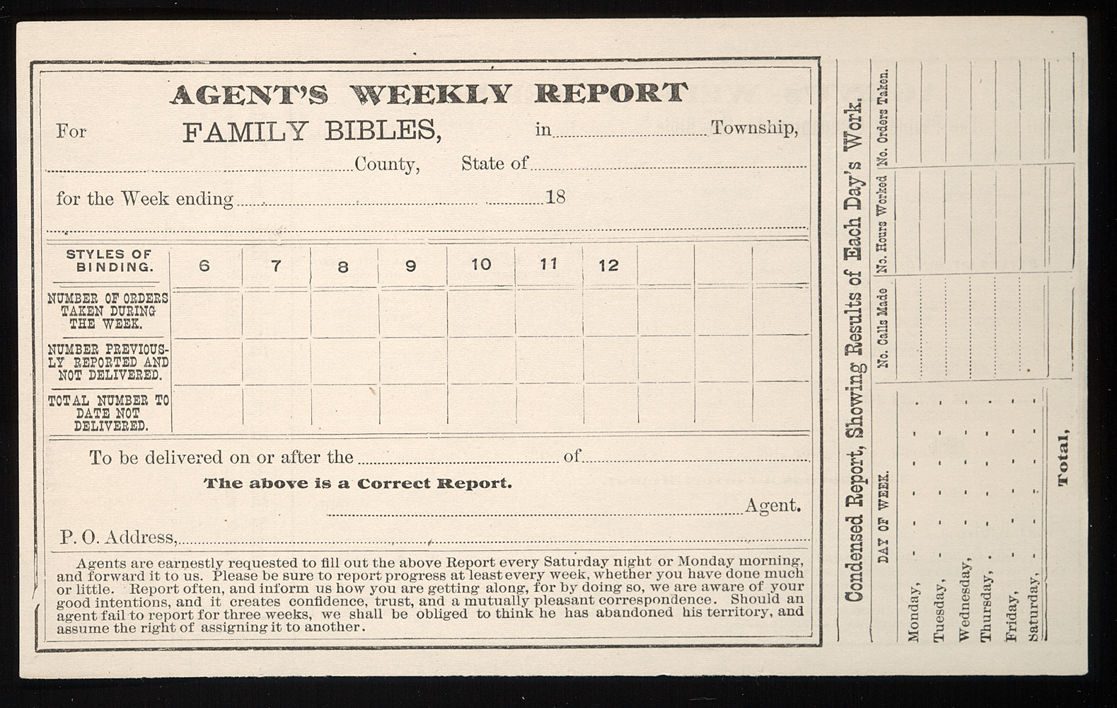 a form for submitting an Agent's Weekly Report of sales data