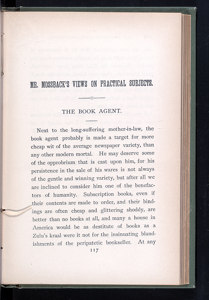 Interior Page of The Mossback Correspondence Titled The Book Agent