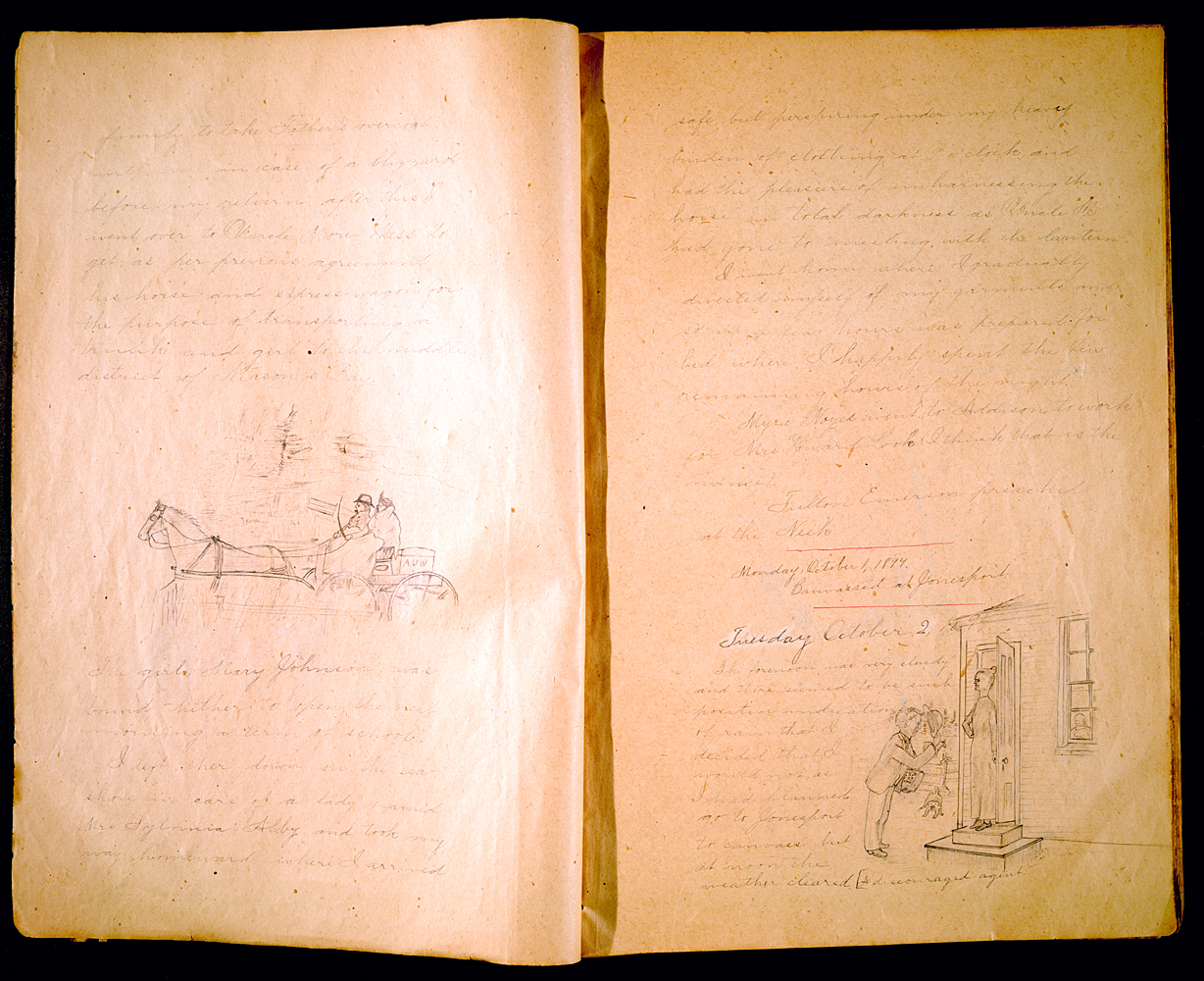Frank L. Kelley's Book Canvassing Diary Interior with Illustrations of a carriage & salesman at a woman's door