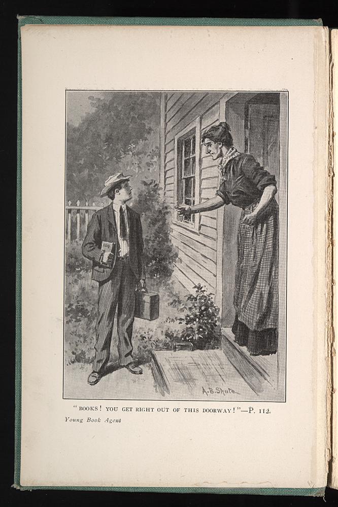The Young Book Agent, or, Frank Hardy's Road to Success illustration of a book salesman at a woman's door