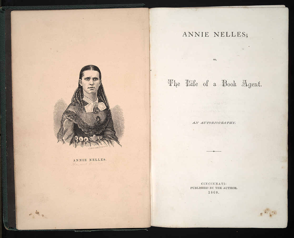 Annie Nelles, or, The Life of a Book Agent: An Autobiography interior cover with illustration of author