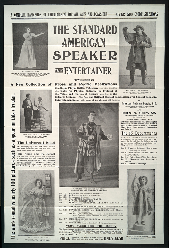 advertisement for an elocution and recitation book including theatrical & poetic works and photos of costumed performers