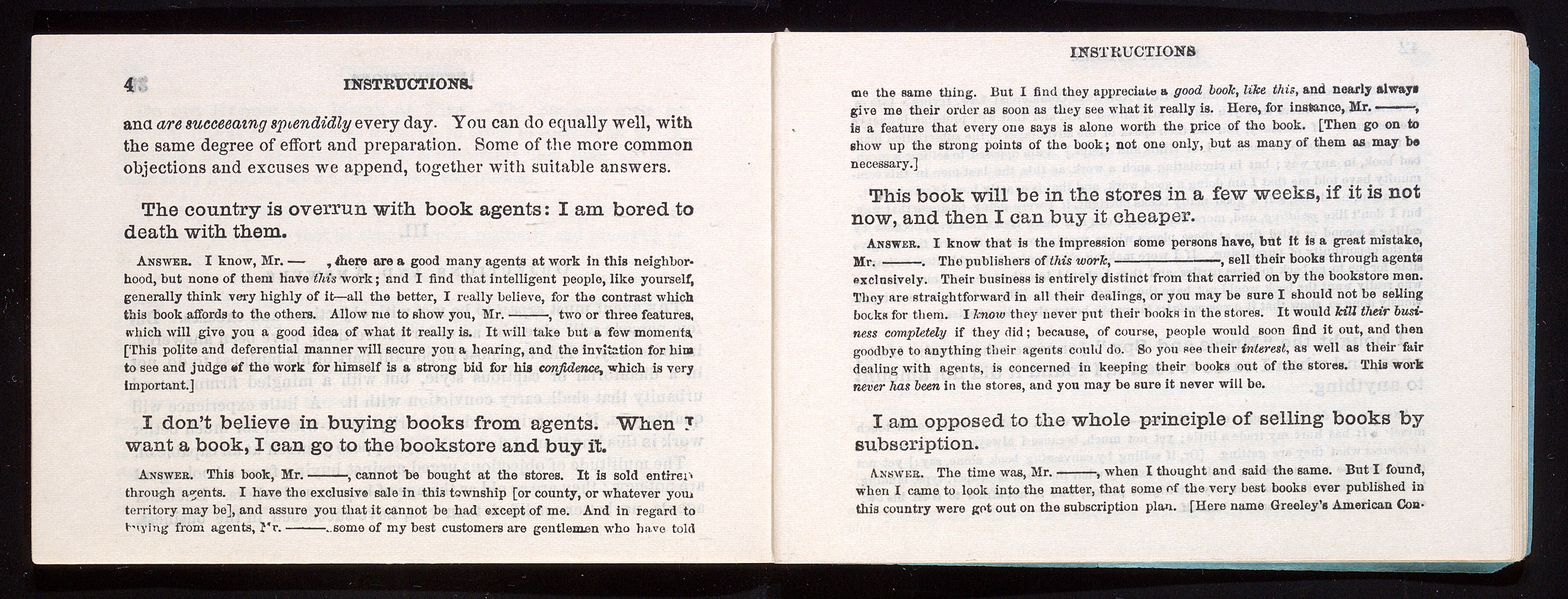 Interior of a small wide pamphlet entitled The Book Agent: A Manual of Confidential Instructions
