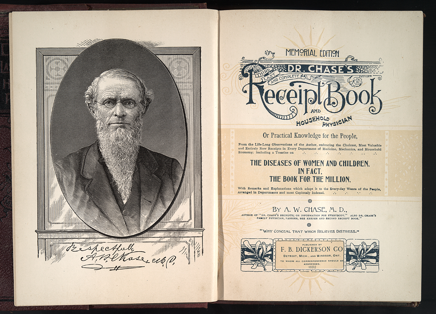 interior cover of 1892 recipe book and household physician with illustration of author Alvin Chase