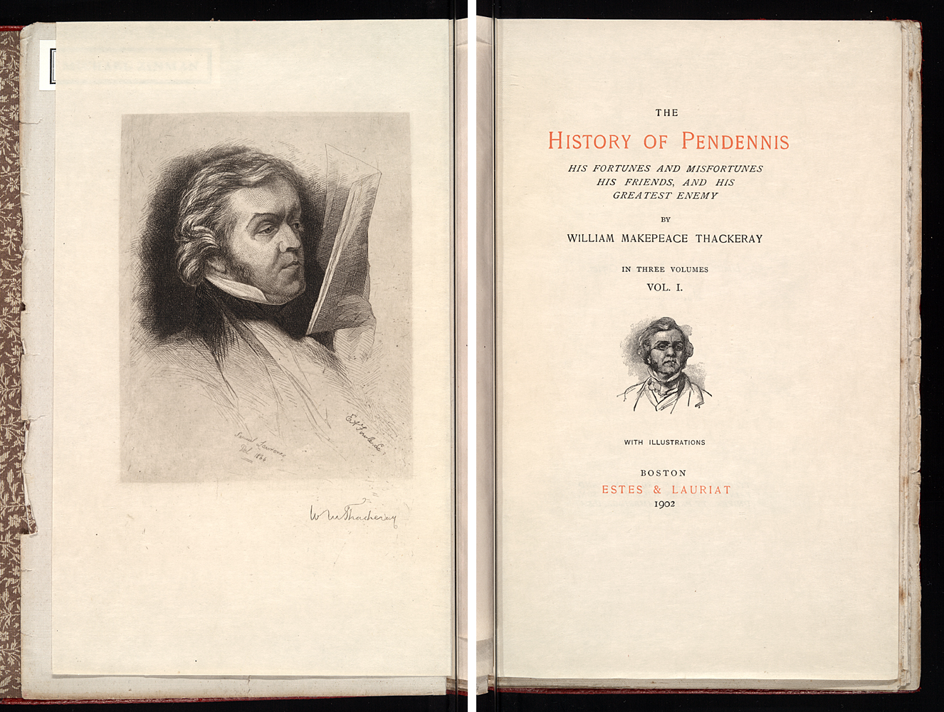 Interior cover of The History of Pendennis featuring Small and Large Illustrations of author William Makepeace Thackery