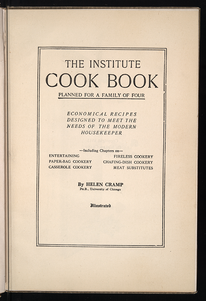 interior cover of the institute cook book, text only no illustrations