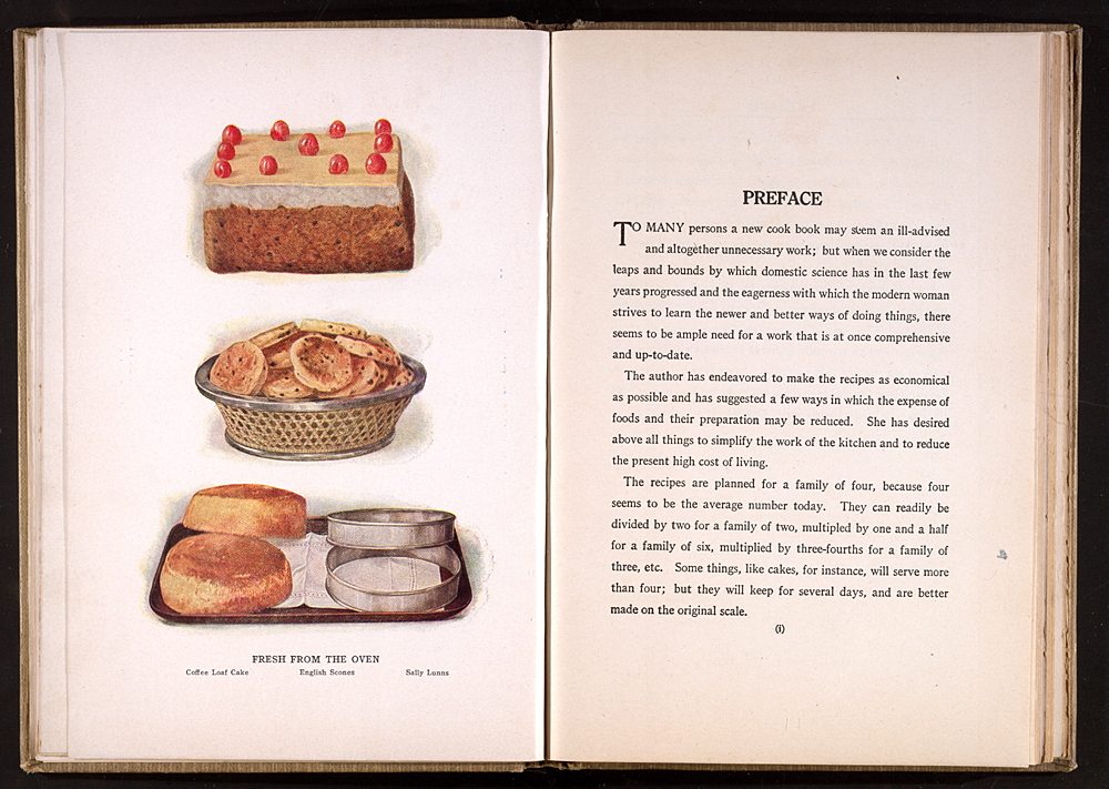 Institute Cook Book Preface Page With Illustration of Coffee Loaf Cake, English Scones, and Sally Lunns