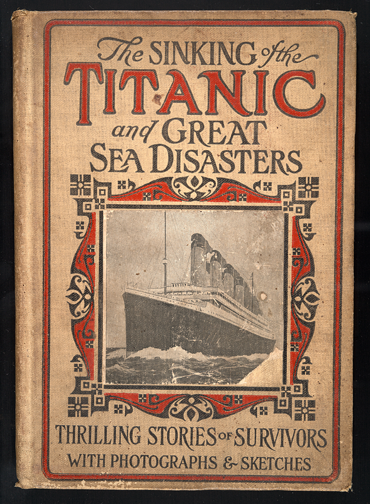 Tan and Red Cover of The Sinking of the Titanic and Great Sea Disasters with a Photo of the Titanic