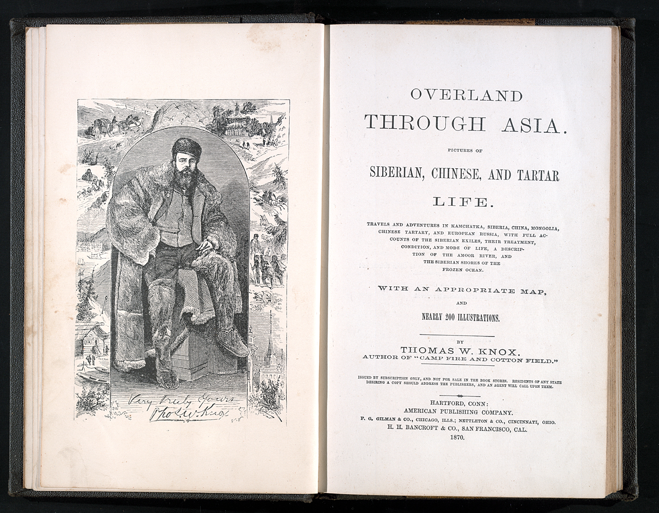 Illustrated Inner Cover of Overland Through Asia Depicting A Siberian Man and Scenes of Life
