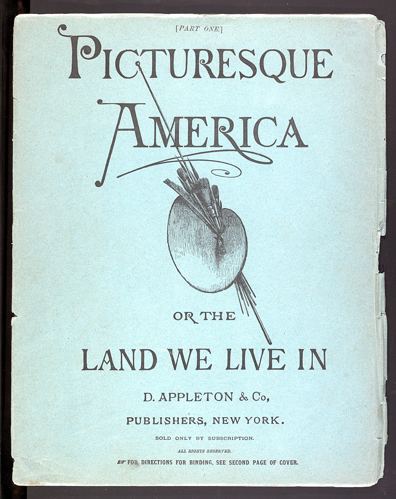 light blue paper cover of Picturesque America depicting paint brushes and palette 