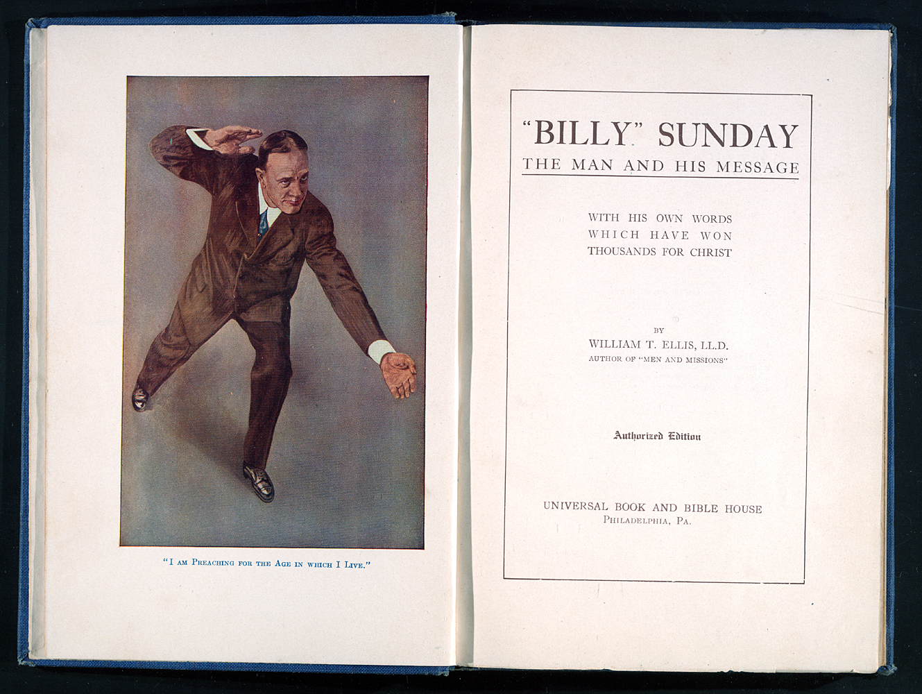 Billy Sunday This Man and His Message Interior Cover with color illustration of Billy Sunday Preaching