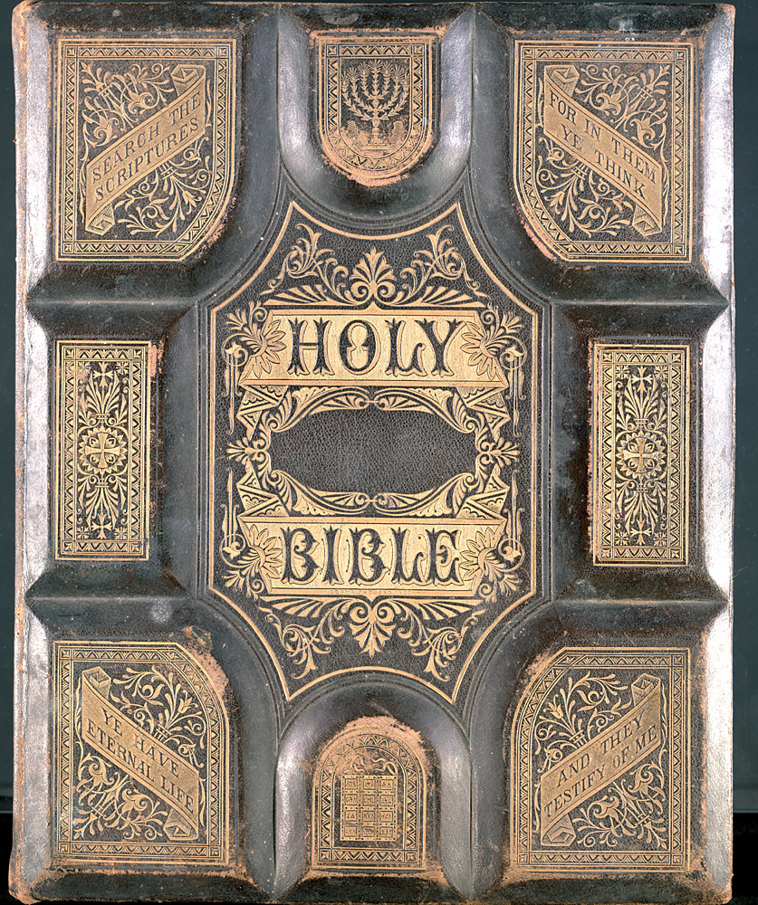 Holy Bible Gold Ornate Embossed Cover With Additional Text "Search the scriptures for in them ye think ye have eternal life and they testify of me"