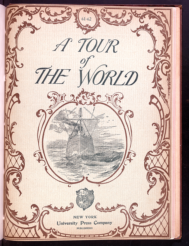 A Tour of the World illustrated cover depicting a steam powered sailing ship on the ocean