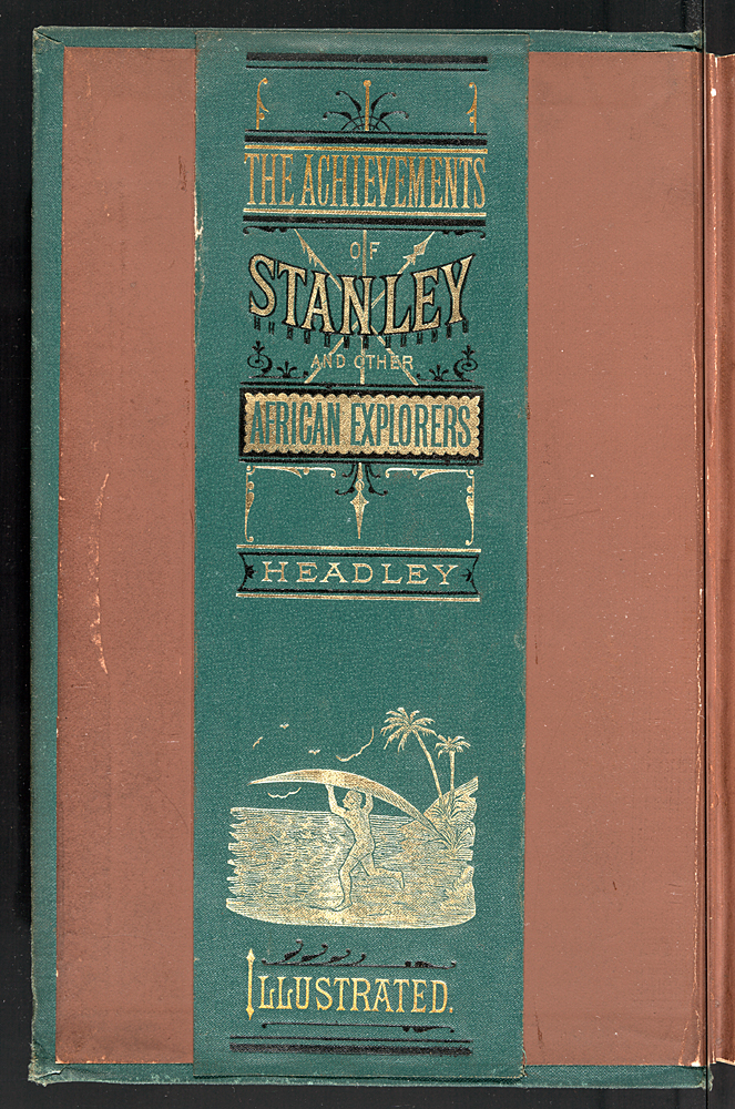 Green and Brown Leather Cover of The Achievements of Stanley and Other African Explorers with an illustrated indigenous man on a beach