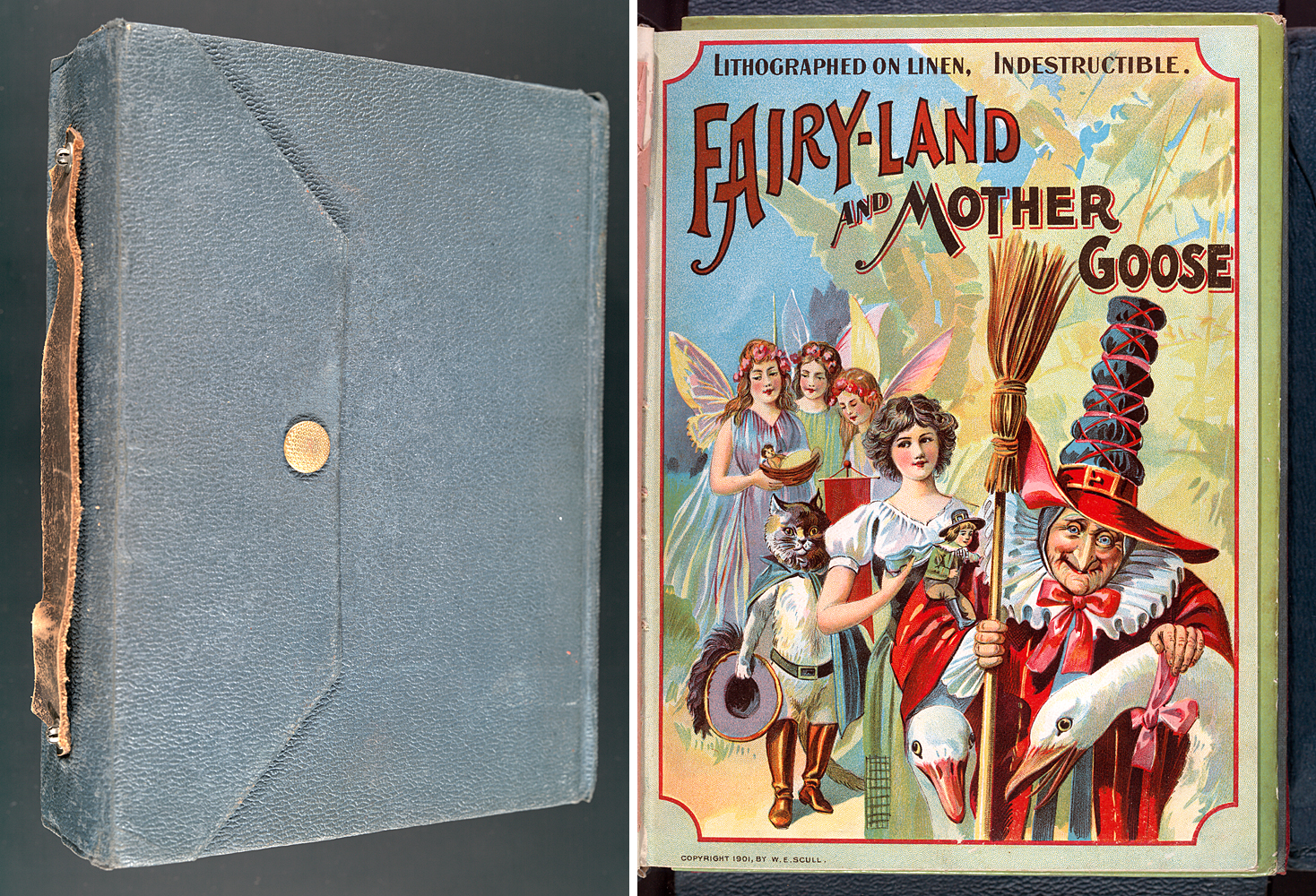 Carrying Box Exterior Packaging and colored illustrated cover for Fairy-Land and Mother Goose, featuring various fairytale characters like puss in boots, mother goose, and tom thumb