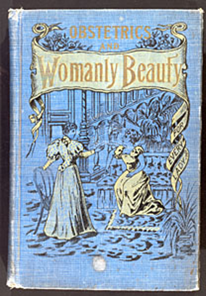 illustrated blue & gold cover of Obstetrics and Womanly Beauty depicting two elegant women in a drawing room