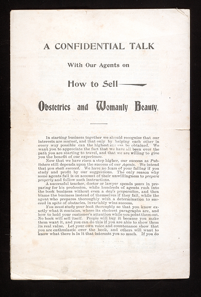 cover page of pamphlet A Confidential Talk With Our Agents on How to Sell Obstetrics and Womanly Beauty inside the book, text only