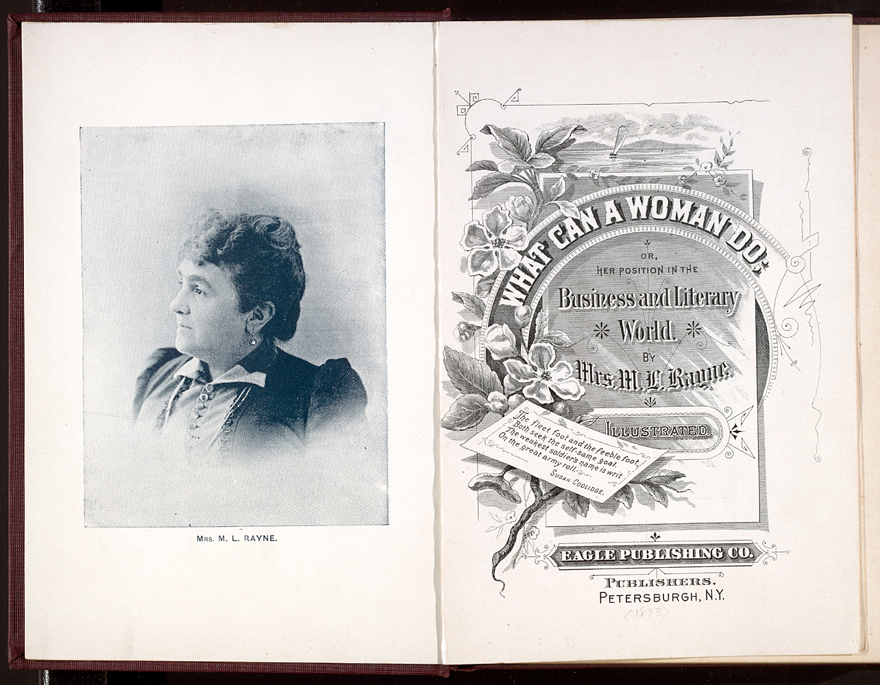 What a Woman Can Do, or Her Position in the Business and Literary World inner cover illustration of flowers and a note and a photo of the author