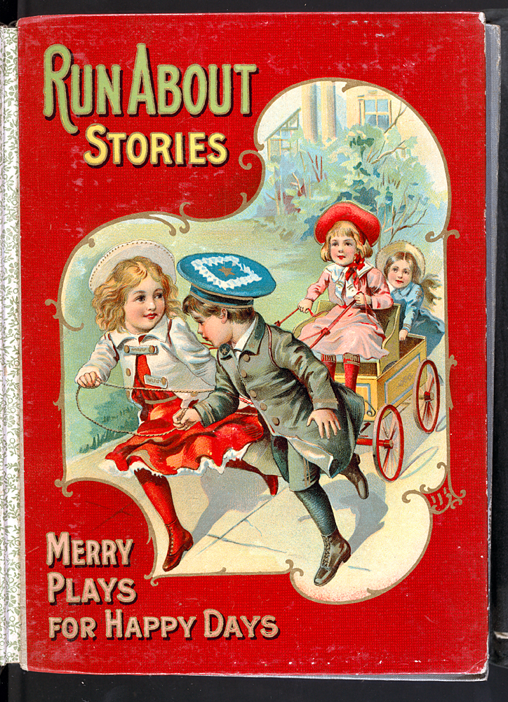 illustrated color cover of four young children playing with a wooden wagon
