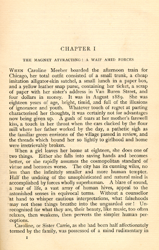 1901 Walter Heinemann edition of Sister Carrie: Chapter I, Page 1