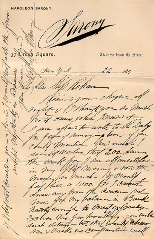 handwritten, Autographed letter signed by Napoleon Sarony to Ada Rehan