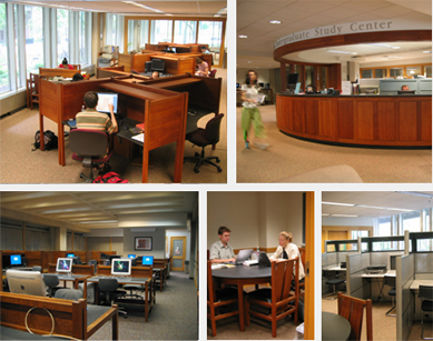 Five photographs of the Goldstein Undergraduate Study Center