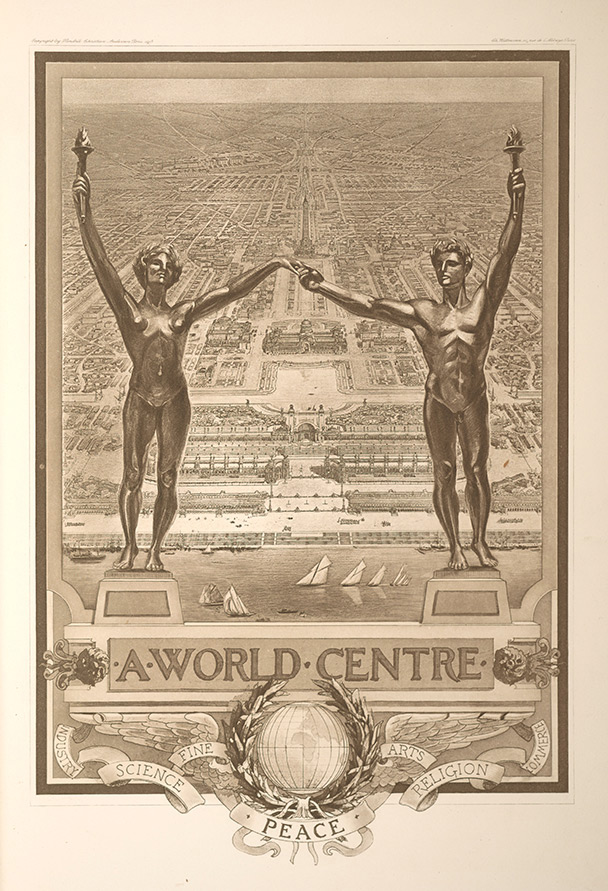 Colossal male and female figures standing in a harbor before a city. "A World Centre," heliogravure by Jules Chauvet, from Hendrik Christian Andersen's World Centre for Communication (Paris, 1913; no. 19 printed for the University of Pennsylvania)
