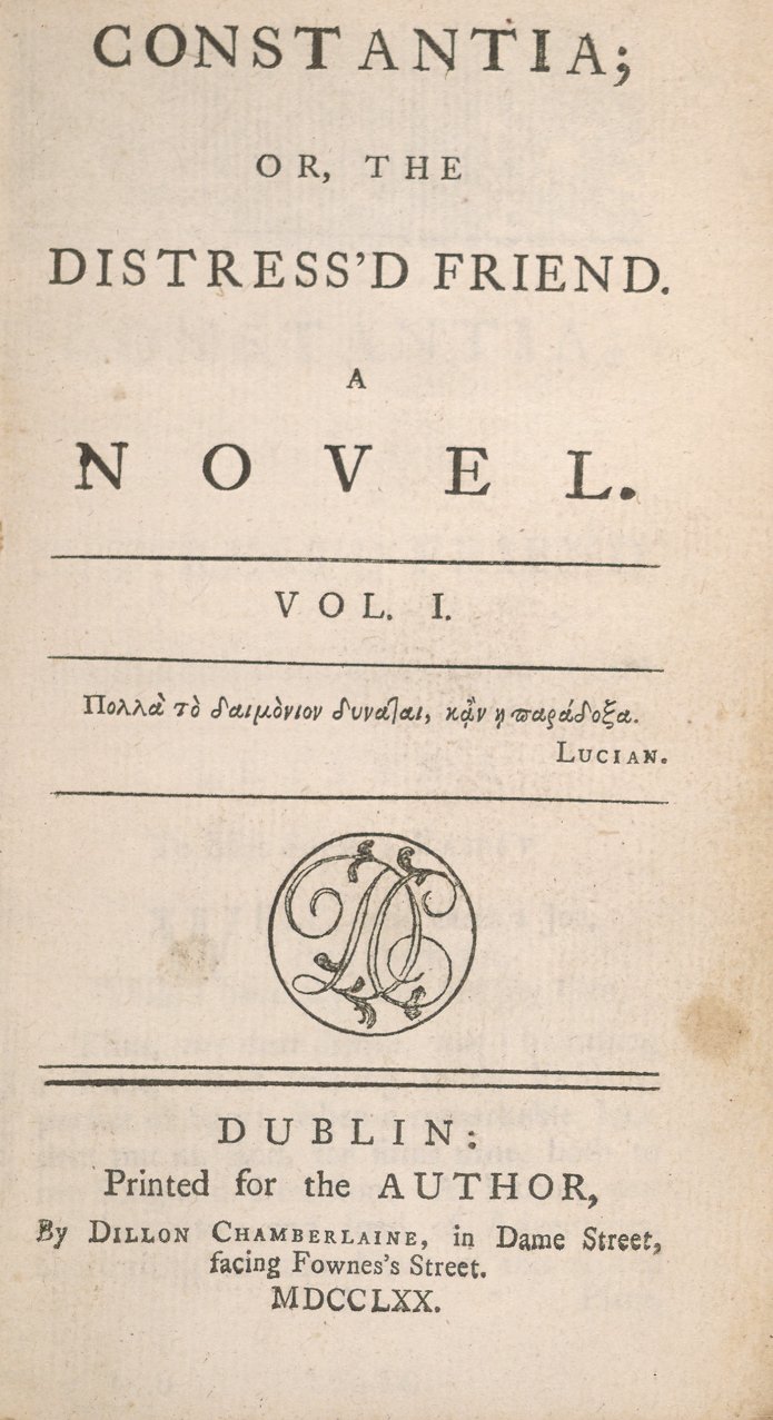 Title page for Constantia, or, The distress'd friend : a novel.