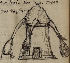 Image of alembics for distillation, from Axiomes de medicinne [manuscript], Ms. Codex 1660, 50r.