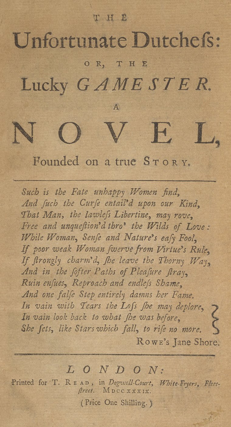 Title page for The Unfortunate Dutchess (1739)