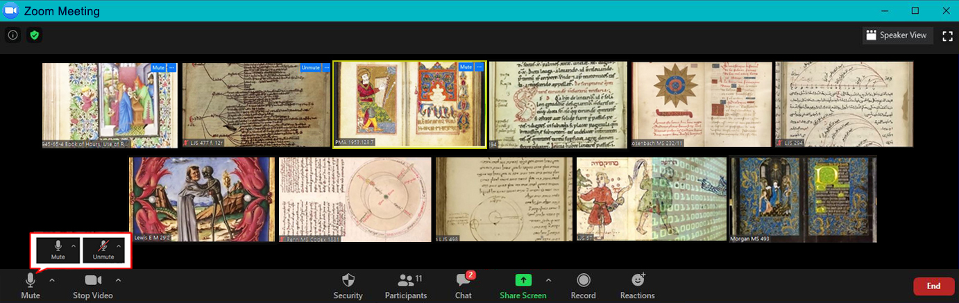 Medieval manuscripts: 11 openings. The arrangement immitates a gallery of participants at a Zoom conference