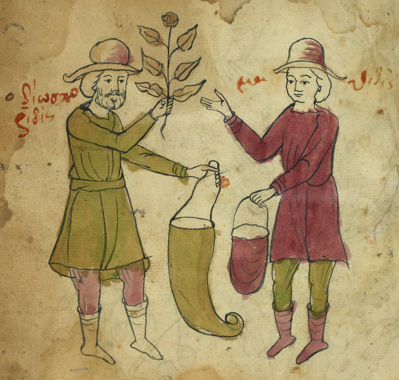 pen-and-wash illustration of Dioscorides and a companion collecting plants in bags 