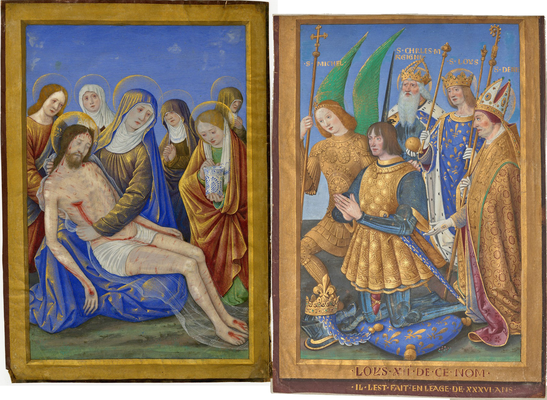 Two panels: Left: Lamentation of Christ with the Virgin Mary, the Holy Women, and Saint John. Right: Louis XII presented by saints and dignitaries