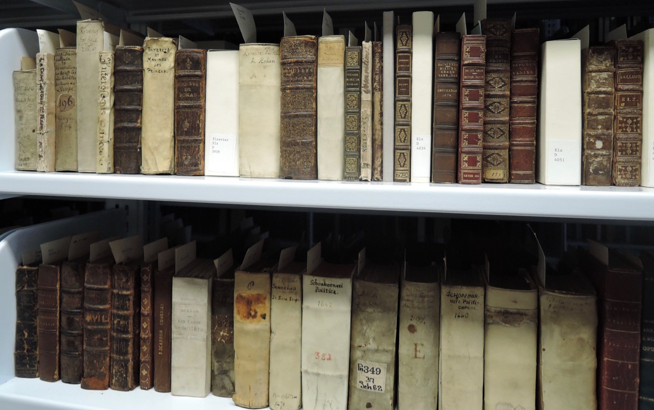 An image of books from the Elzevier collection in the Kislak Center stacks