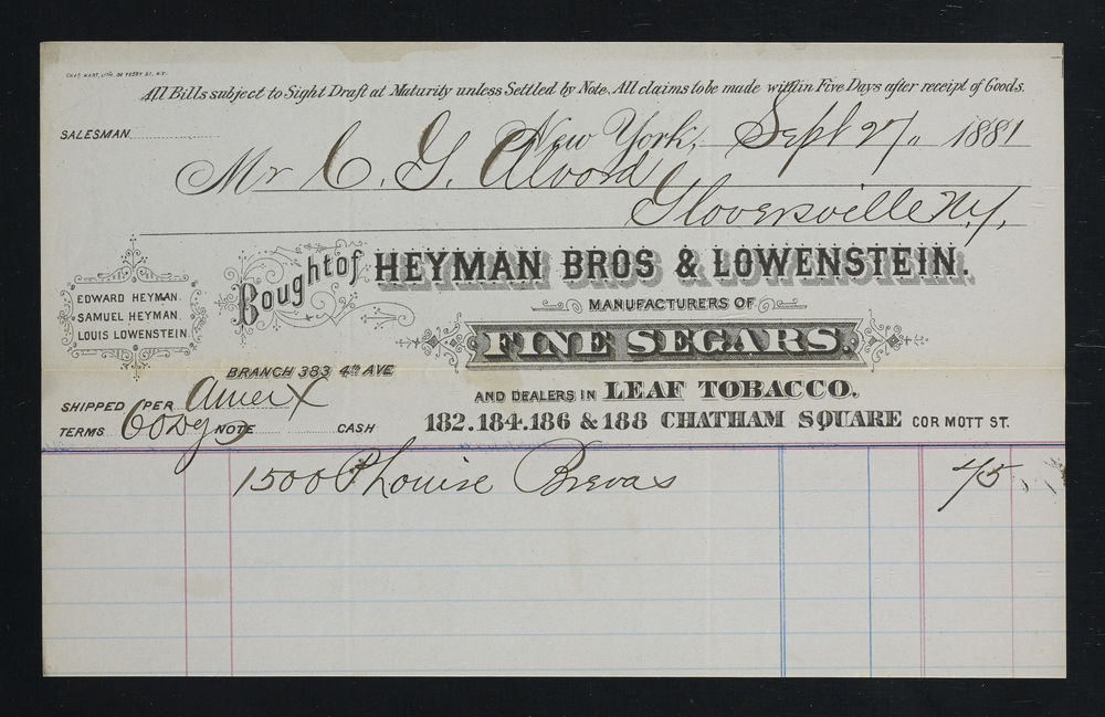 Billhead; Heyman Brothers and Lowenstein; New York, New York, United States; 1881 September 27