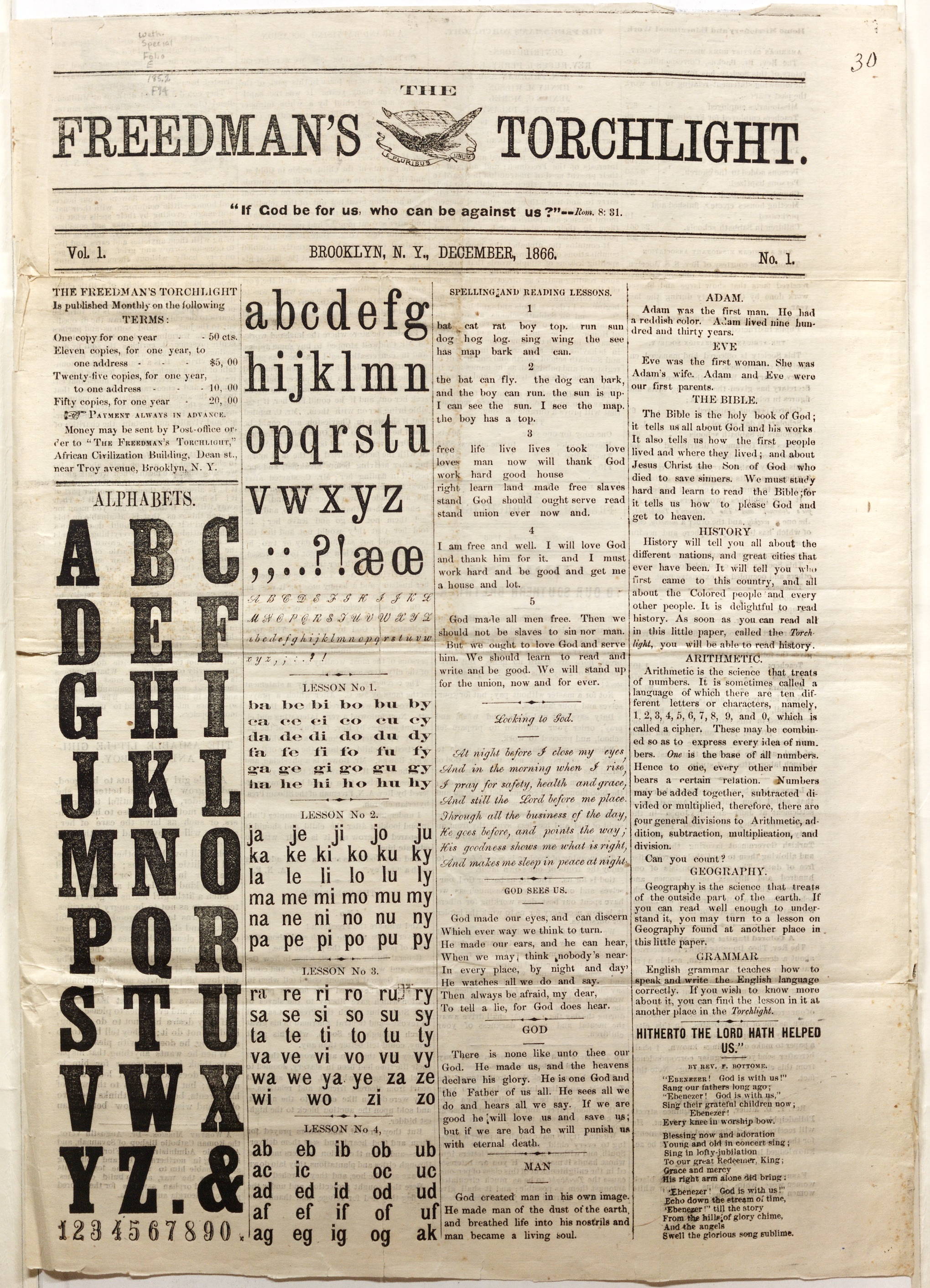Front page of the Freedman's Torchlight, vol. 1, no. 1, December 1866.