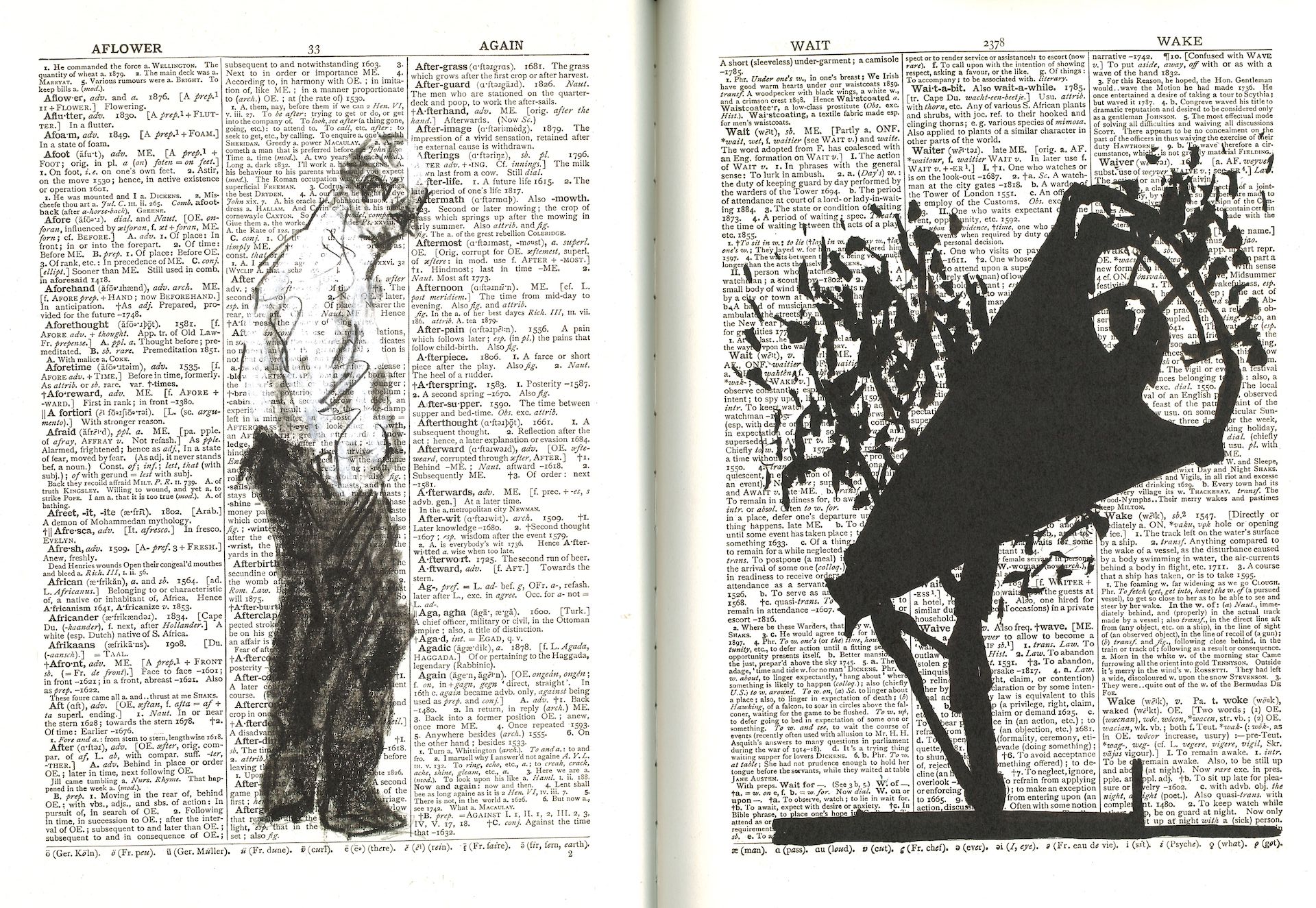 Collage from William Kentridge’s 2nd Hand Reading project (2014), using the 1936 revised Oxford English Dictionary, Kentridge Studio