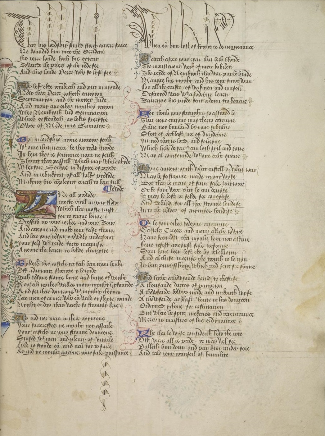 Full-page view of an English illuminated manuscript from the Rosenbach Museum and Library (MS 439.16, fol. 9r)