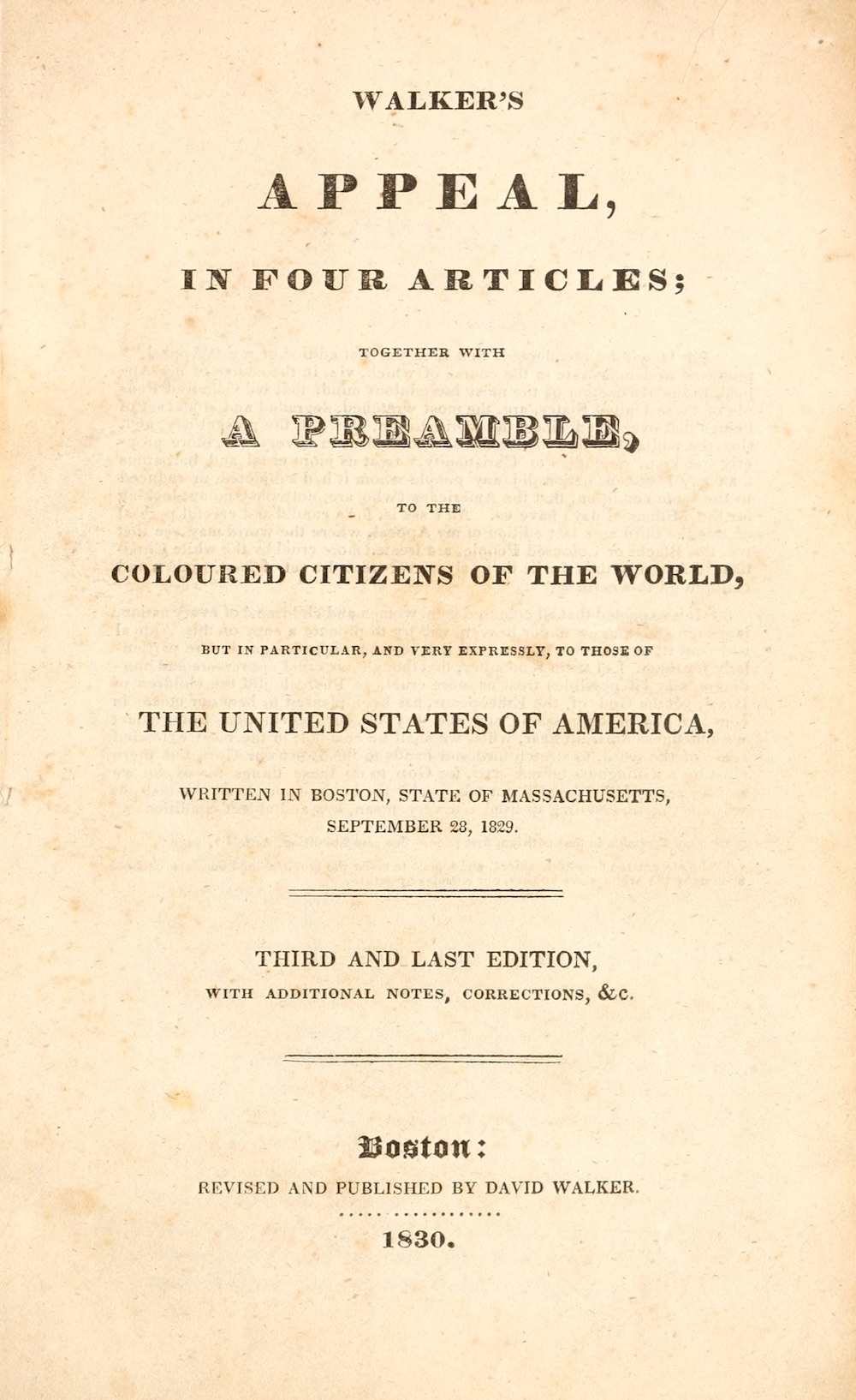 Title page of Walker’s Appeal to the Coloured Citizens of the World, third edition (Boston: 1830).