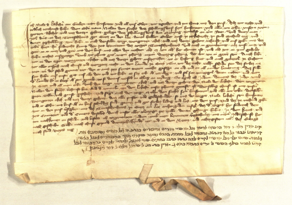 Fourteenth-century charter from Germany with a few lines in Hebrew at the bottom