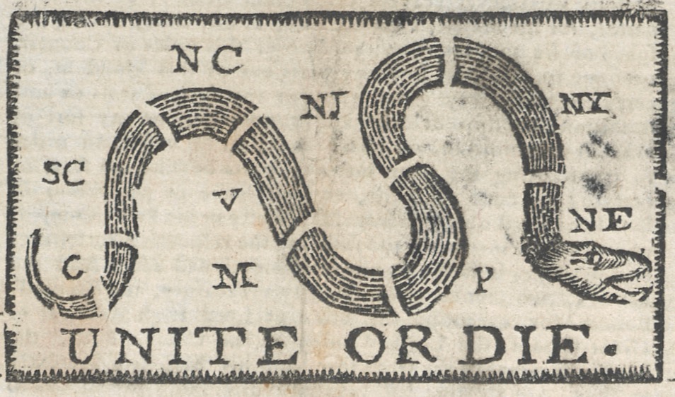 Unite or Die woodcut from Pennsylvania Journal December 12 1774