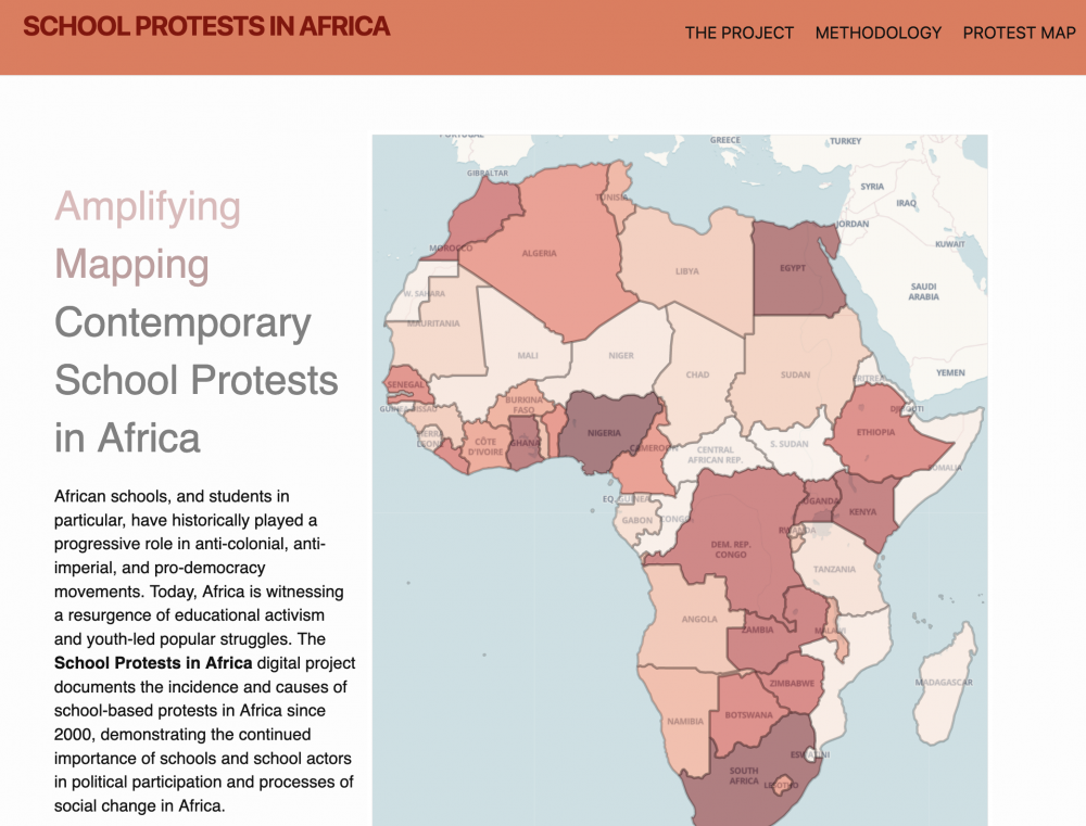 on the left: a brief description of the School Protests in Africa project. on the right: a choropleth map of the African continent.