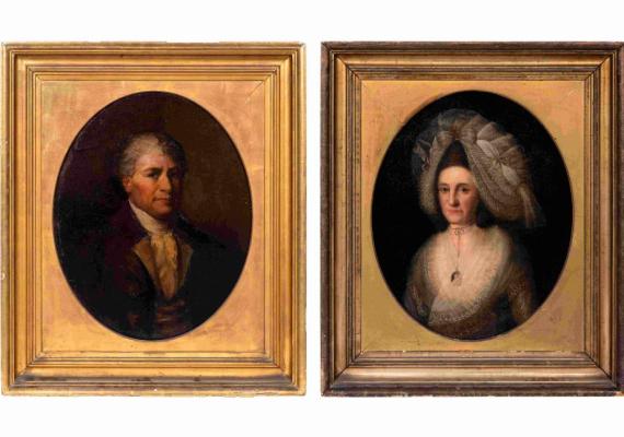 A pair of 18th-century oil portraits of Moses Michael Hays and his wife Rachel Myers Hays, attributed to Gilbert Stuart