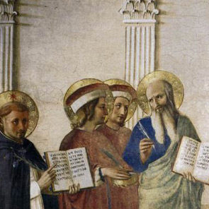 Detail from Madonna delle Ombre by Beato Angelico, c. 1440 - 50, showing figures (on the Madonna's right) holding books