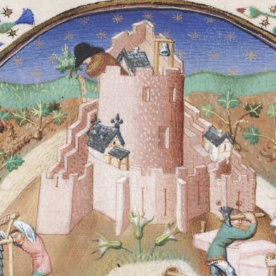 Detail from an illumnination showing the work of a vinyard and wine making.