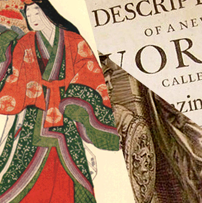Images from books in the public domain. On top: Illustration from Diaries of Court Ladies of Old Japan showing a court lady in full dress of the Heian period.